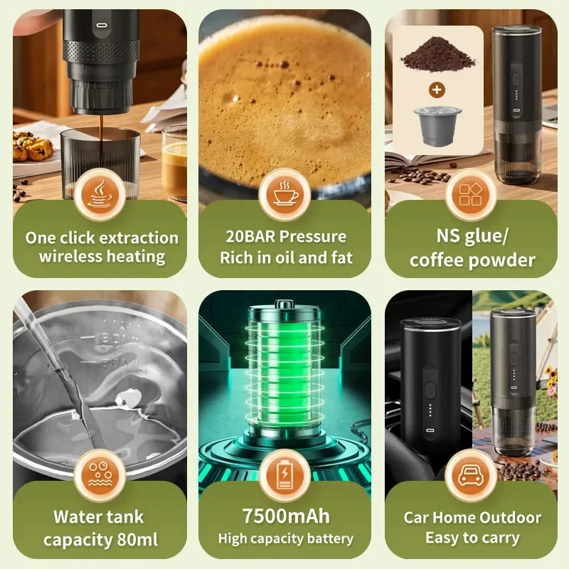 New 3 in 1 Wireless Portable Espresso Machine Capsule Coffee Powder