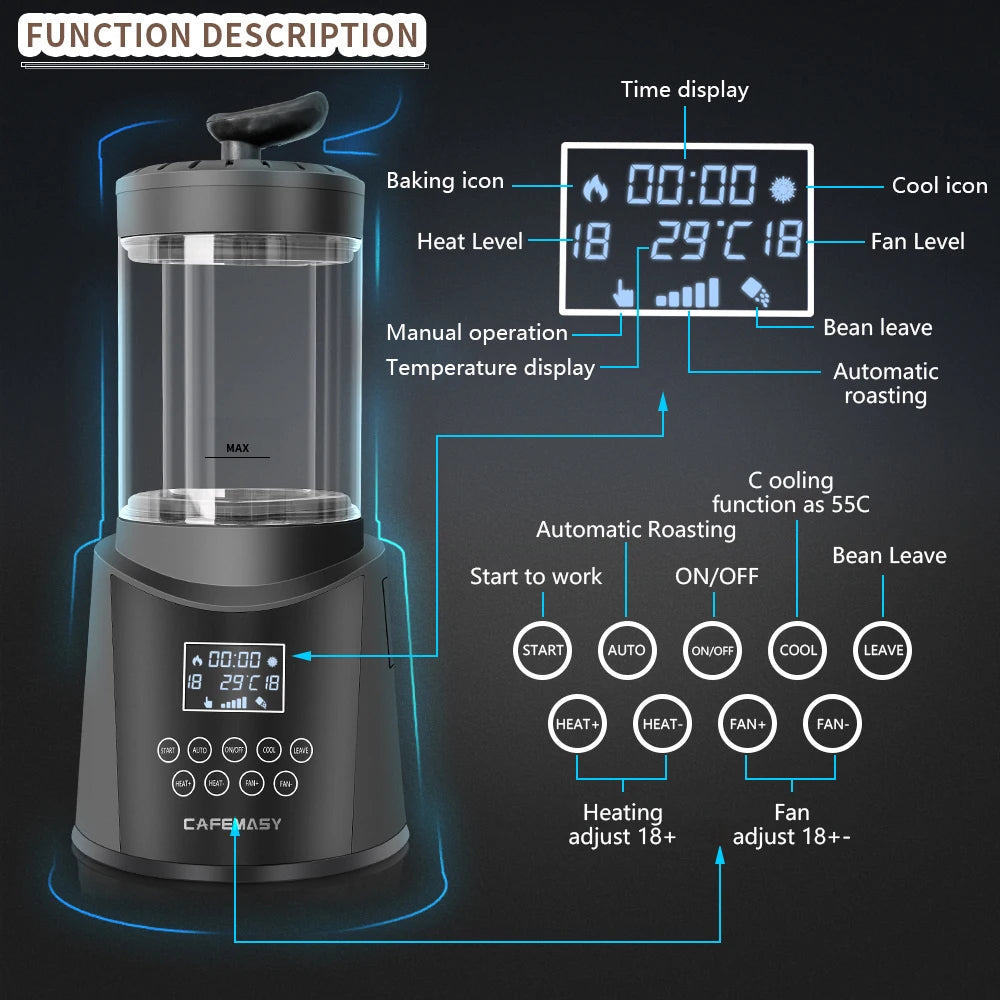 CAFEMASY New 300g Smart Coffee Bean Air Roaster Auto & Manual Modes Coffee Roasting Machine With Digital Display